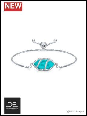 925 Sterling Silver Turquoise Hexagon Gemstone Link Bracelet Fine Jewelry Women